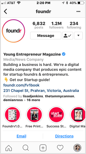 Instagram firmas iezīmes Foundr profilā.