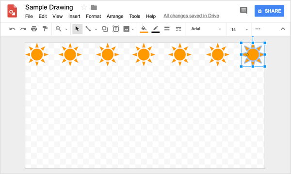 Mēģinot Google zīmējumos izlīdzināt savu formu pēc kārtas, noklikšķinot un velkot kopijas, parādās noderīgas atsauces līnijas.