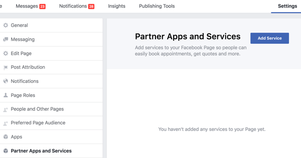 Facebook lapas iestatījumos noklikšķiniet uz Partneru lietotnes un pakalpojumi.