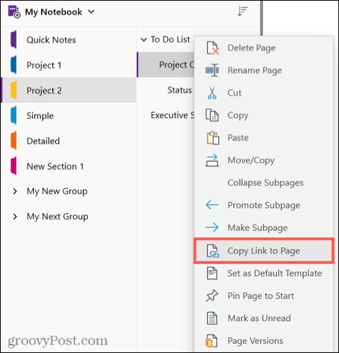 Kopējiet saiti uz lapu programmā OneNote darbam ar Windows 10