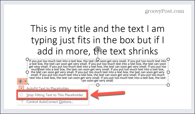 powerpoint pārtrauc teksta pielāgošanu vietturim