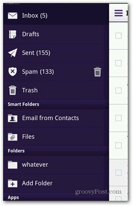 Yahoo Mail Android izvēlne