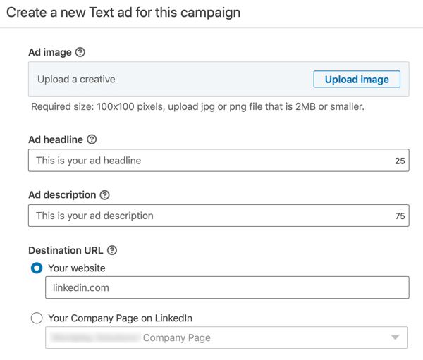 Kā izveidot LinkedIn teksta reklāmu, 12. darbība - reklāmas teksta iestatījumi
