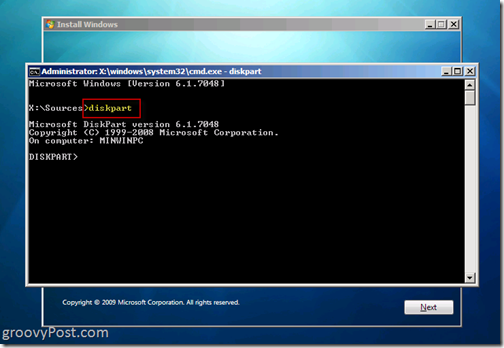 Windows 7 Native VHD instalēšanas divkāršās sāknēšanas palaišanas disks 6.1.7048 no CMD Prompt, lai izveidotu VHD failu