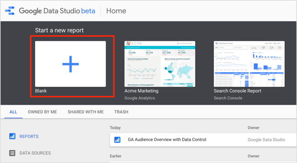 Dodieties uz Google Data Studio sākumlapu un cilnē Pārskats noklikšķiniet uz Sākt jaunu pārskatu.