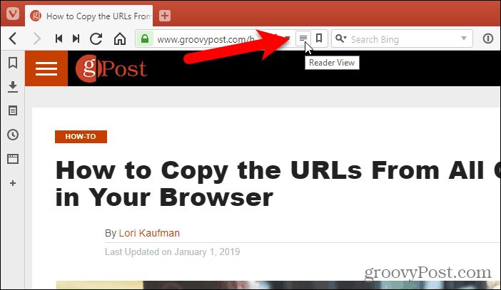 Vivaldi adreses joslā noklikšķiniet uz Reader View