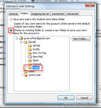 Iestatīt Sūtīt pasta mapi iMAP kontam programmā Outlook 2007: Izvēlieties miskastes mapi