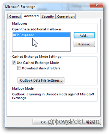 Pievienot pastkasti Outlook 2013 - noklikšķiniet uz Labi, lai saglabātu