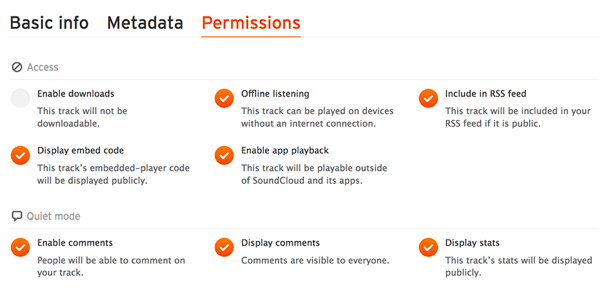 Pārbaudiet cilni Atļaujas, lai pārliecinātos, vai jūsu audio fails ir iekļauts SoundCloud RSS plūsmā.