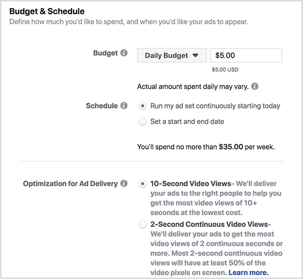 Facebook reklāmas budžets un grafika iespējas ietver dienas budžetu un 10 sekunžu skatījumus.