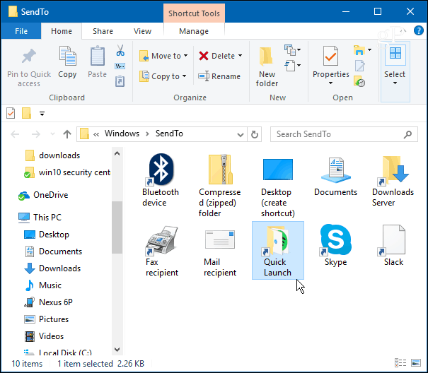 Pievienojiet ātrās palaišanas joslu operētājsistēmas Windows 10 konteksta izvēlnei “Sūtīt”