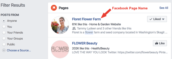 Piemērs Facebook lapai ar nosaukumu Floret Flower Farm meklēšanas rezultātos.