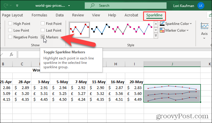 Rādīt marķierus uz dzirksteles programmā Excel