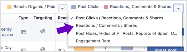 Facebook lapas ieskatos noklikšķiniet uz bultiņas blakus Reakcijas, komentāri un kopīgošana.