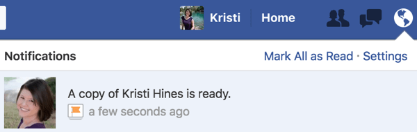 Kad jūsu Facebook lapu arhīvs būs gatavs, jūs saņemsit paziņojumu.