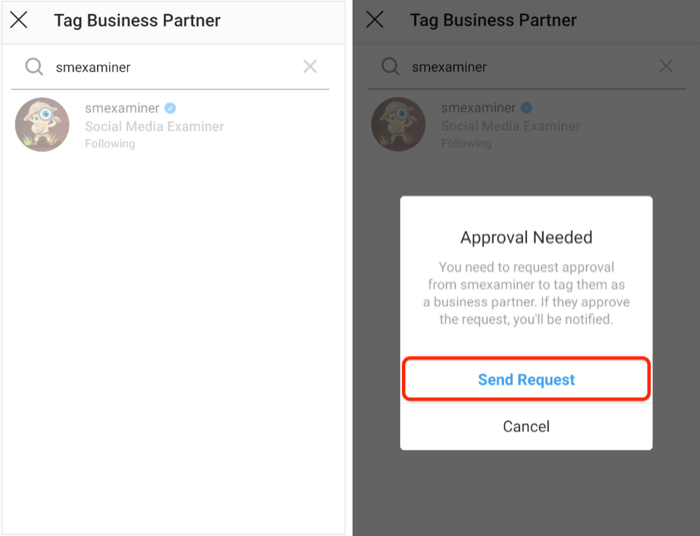 nosūtiet apstiprinājuma pieprasījumu biznesa partnerim vietnē Instagram