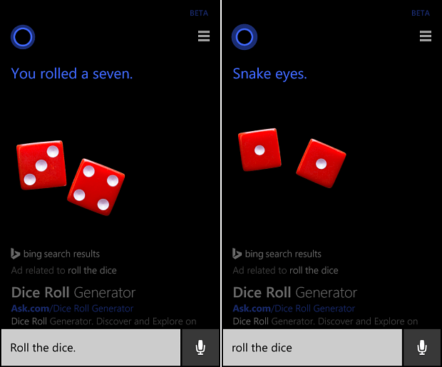 Apgrieziet monētu vai ripiniet kauliņu ar Cortana operētājsistēmas Windows Phone 8.1 versijā