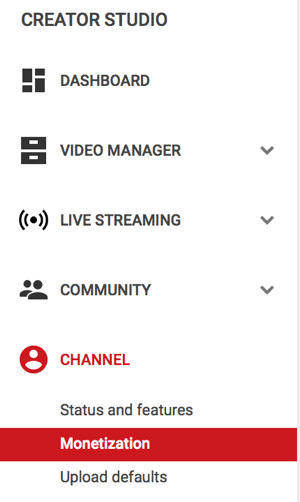 monetizācijas izvēlnes opcija YouTube kanālā