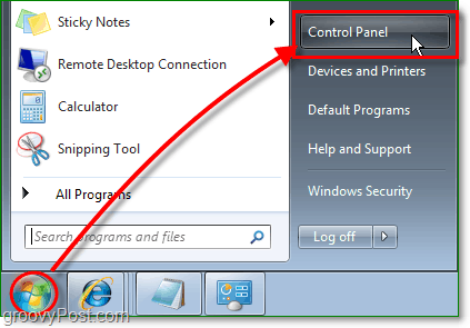 noklikšķiniet uz Windows 7 sākuma orb izvēlnes, pēc tam noklikšķiniet uz vadības paneļa, lai sāktu IE noņemšanu