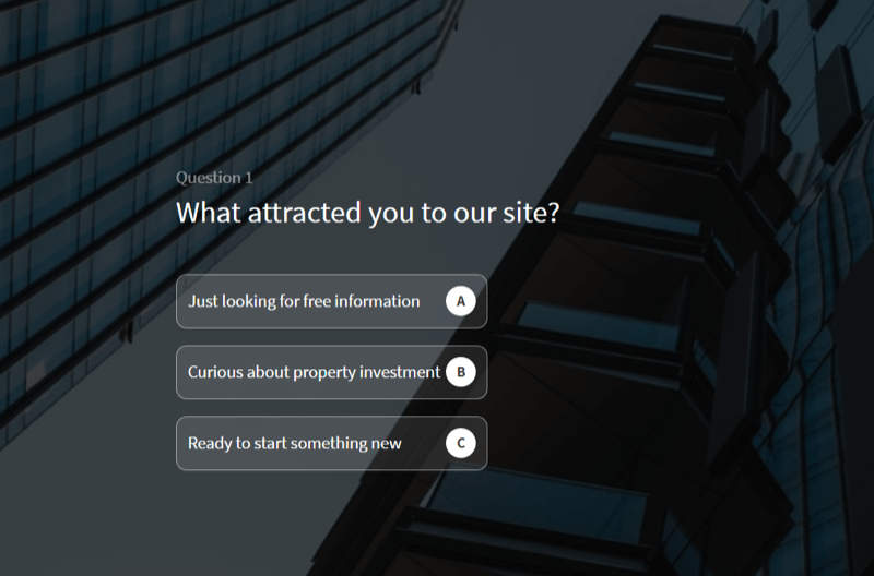 tīmekļa vietnes viktorīnas piemērs, ko izmanto, lai kvalificētu potenciālos klientus nekustamā īpašuma ieguldījumu mācību firmas vietnē