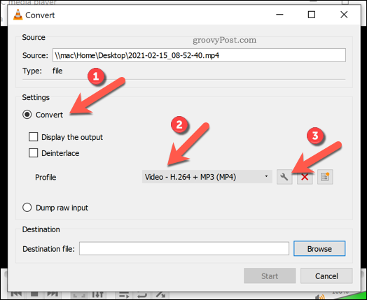 Konvertēšanas iestatījumu iestatīšana VLC sistēmā Windows