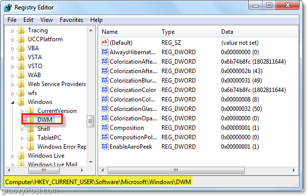 Windows 7 atveriet DWM reģistra atslēgu