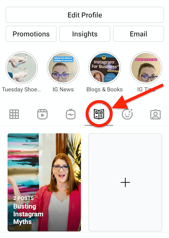 instagram profils ar laikraksta izskata ceļveža ikonu, kas atrodas un ir iezīmēta, parādoties blakus igtv ikonai