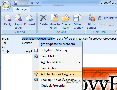 Pievienot kontaktpersonām Outlook 2007