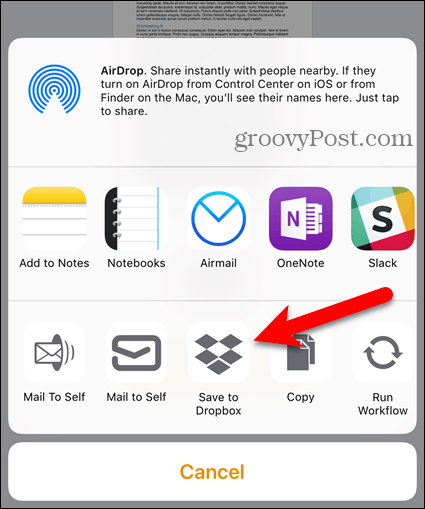 IOS operētājsistēmā Share sheet pieskarieties Dropbox