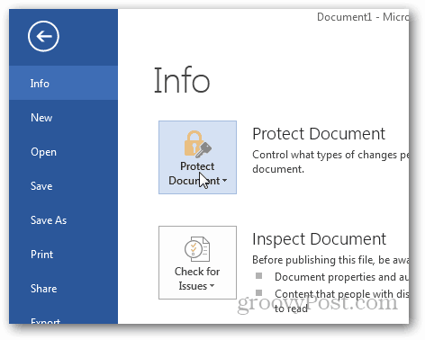 Aizsargāt ar paroli un šifrēt Office 2013 dokumentus: noklikšķiniet uz Aizsargāt dokumentu
