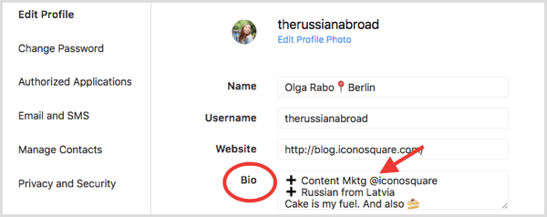 Bio lauks Instagram profila sadaļā Rediģēt profilu