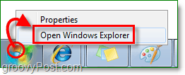 Lai ievadītu Windows 7 pārlūku, ar peles labo pogu noklikšķiniet uz sākuma orb un noklikšķiniet uz atvērt Windows Explorer