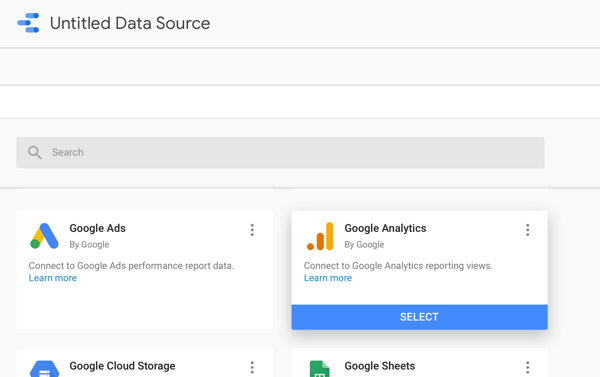 Izmantojiet Google Data Studio, lai analizētu savas Facebook reklāmas, 2. darbība. Iespēja izmantot Google Analytics kā datu avotu