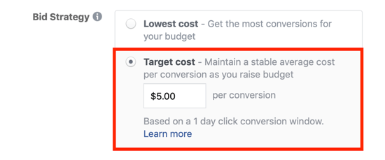 Facebook mērķa cenu solīšanas iespēja.