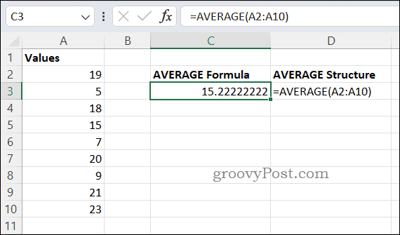VIDĒJĀS formulas piemērs programmā Excel