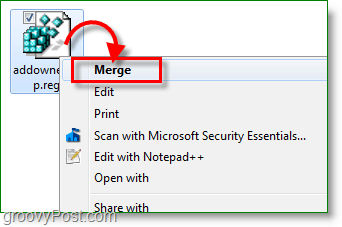 Windows 7 ekrānuzņēmums - apvienojiet reģistra atslēgas labojumu