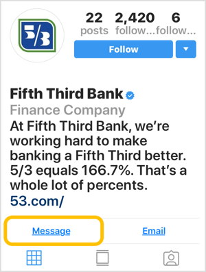 Instagram profils bankai ar pogu Ziņojums ar aicinājumu uz darbību.