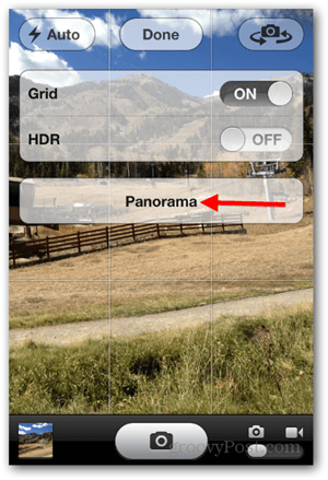 Uzņemiet iPhone iOS Panoramic Photo - pieskarieties Panorama