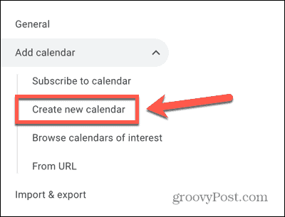 Google kalendārs izveido jaunu kalendāra opcijas ekrānuzņēmumu