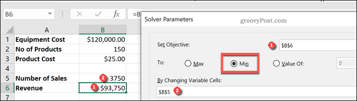 Excel Solver mainīgo iestatīšana