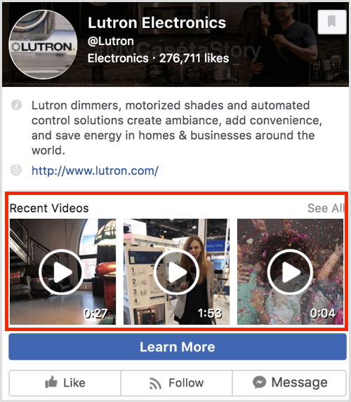 Facebook lapas priekšskatījums, kurā redzami jaunākie videoklipi.