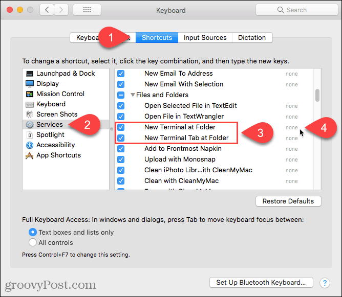Noklikšķiniet uz Neviens, lai Mac operētājsistēmai pievienotu saīsni pakalpojuma Jaunais terminālis mapē