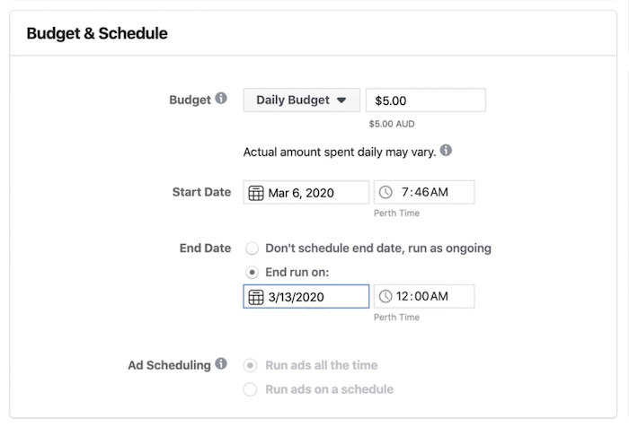 Budžeta un grafika sadaļa reklāmu kopas līmenī pakalpojumā Facebook Ads Manager