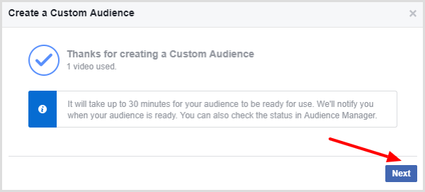 Facebook parāda ziņojumu, kas apstiprina, ka jūsu video pielāgotā auditorija ir pabeigta.