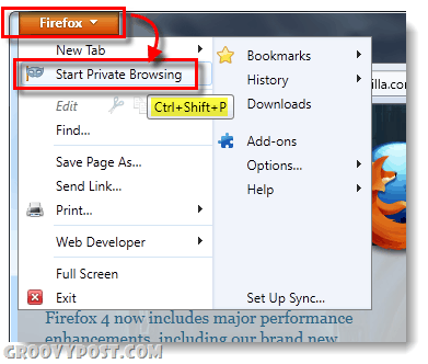 sāciet privātu pārlūkošanu pārlūkprogrammā Firefox 4