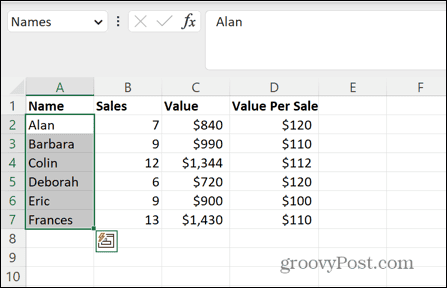Excel atlasītais nosauktais diapazons