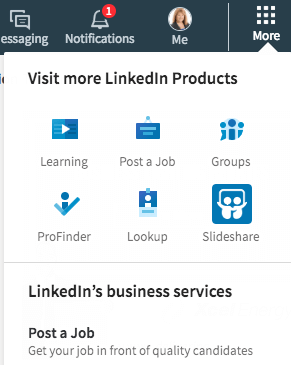 LinkedIn sadaļā Vairāk atradīsit daudz tiešu saišu. Šeit varat izveidot arī uzņēmuma lapu.