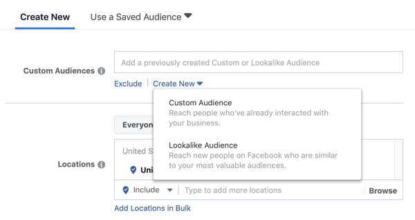 Iespējas izmantot pielāgotu mērķauditoriju vai līdzīgu auditoriju Facebook vadošo reklāmu kampaņai.