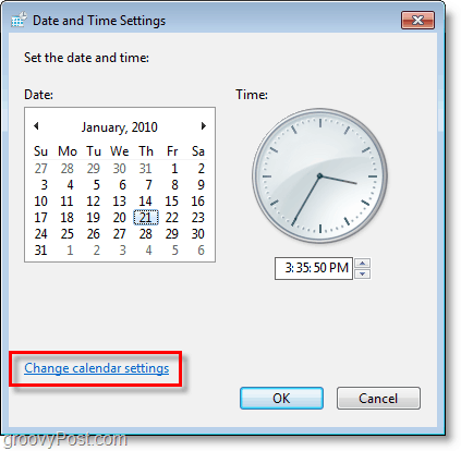 Windows 7 ekrānuzņēmums - mainiet kalendāra iestatījumus