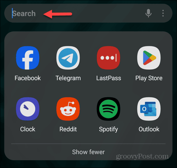 meklēšanas lietotņu atvilktne Android